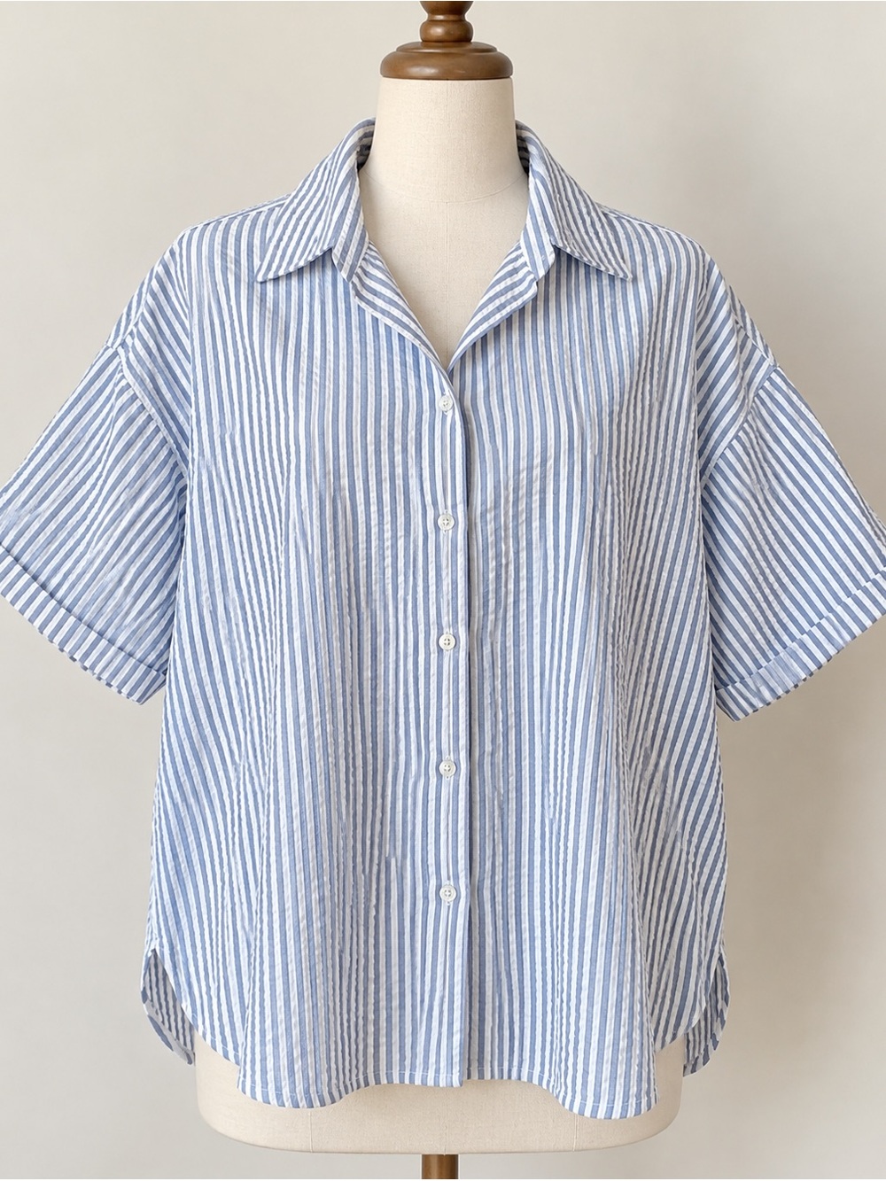 Daily Drills XS/S Blue White Stripe Seersucker Oversized Button Down Shirt Top